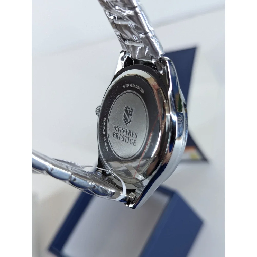 Montres Prestige MPW-0372 Mens 42mm Silver Black Dial Moon Phase Quartz Watch